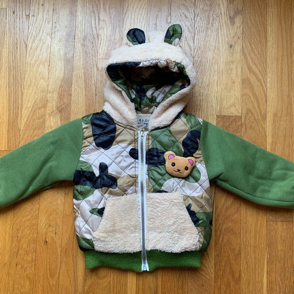 NWOT Toddler Sherpa Lined Jacket Zip Up Hoodie Size 3T with 3D Bear and Dog